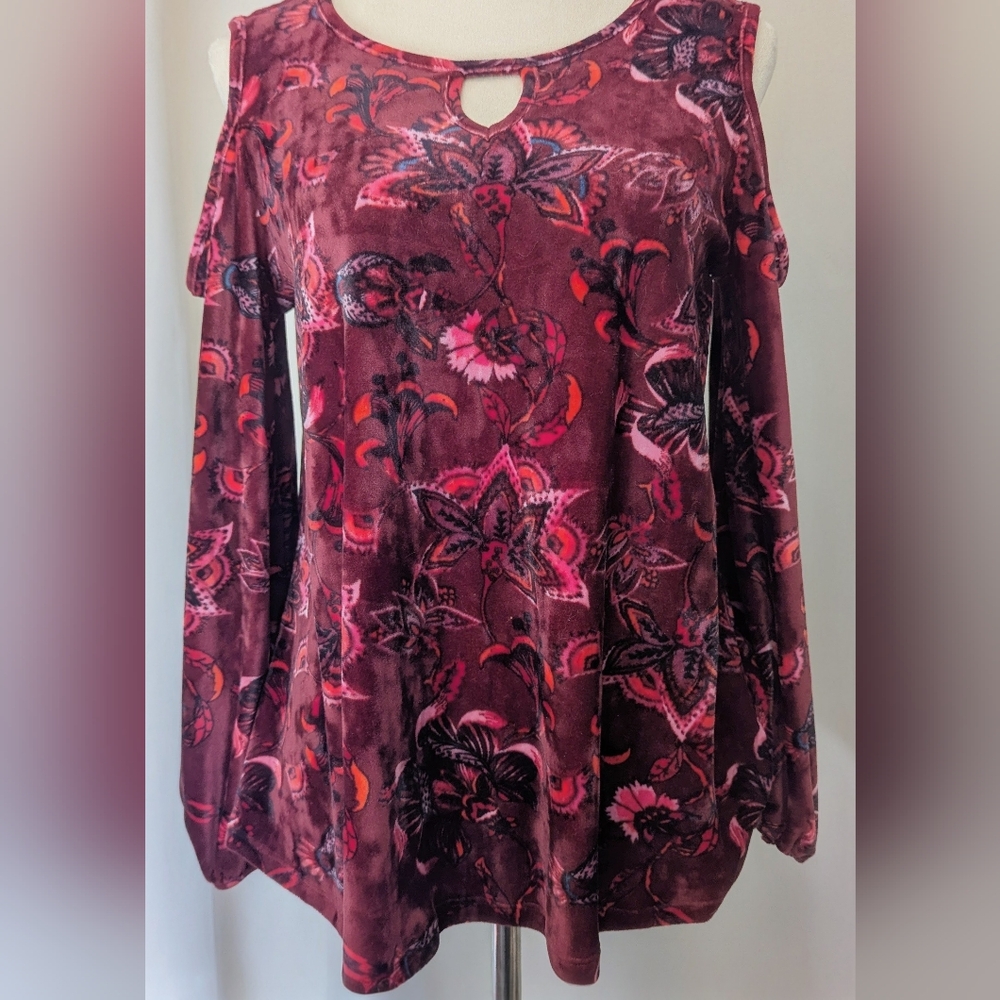 Vintage America Burgundy Velvet Floral Swing Top, Size M